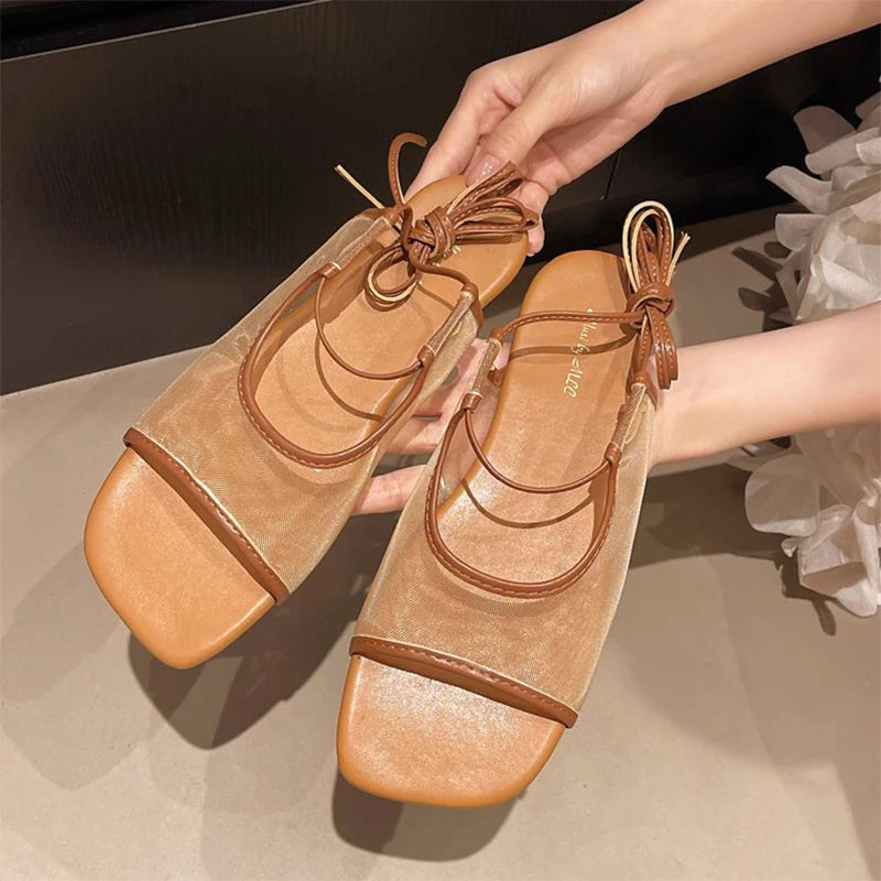 Women's Shoes French Niche Style Roman Breathable Mesh Flat Sandals Women's 2026 Summer New Square Toe Open Toe Strap Slippers