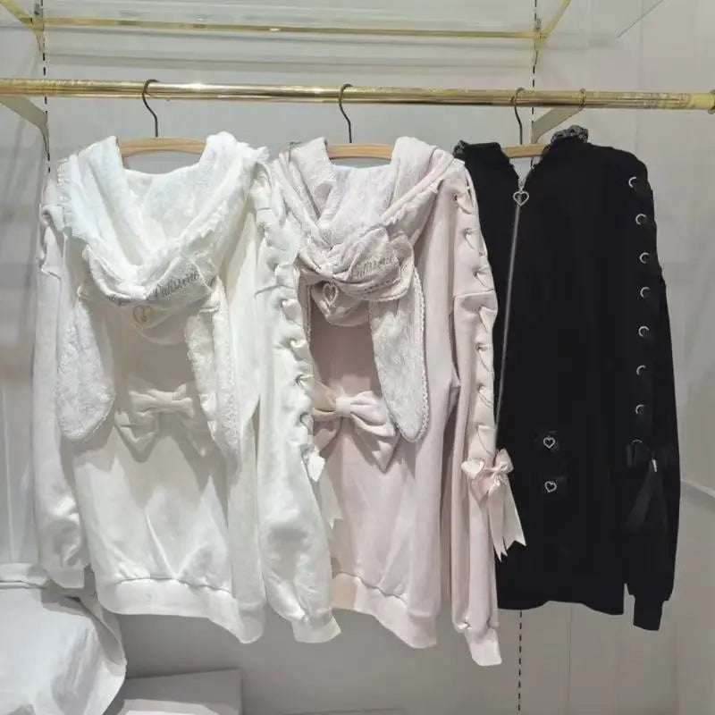 Hoodies Women 2025 Autumn New Sweet Bunny Ear Lace Hooded Sweatshirt for Women Cute Loose Tie Long Sleeve Jacket
