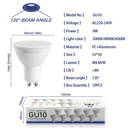 10 Pack Focos Gu10 SpotlightLampara 220V Lled Bulb Wholesale 9W White Warm 3000k 6000K suitable for Home Commercial Buildings