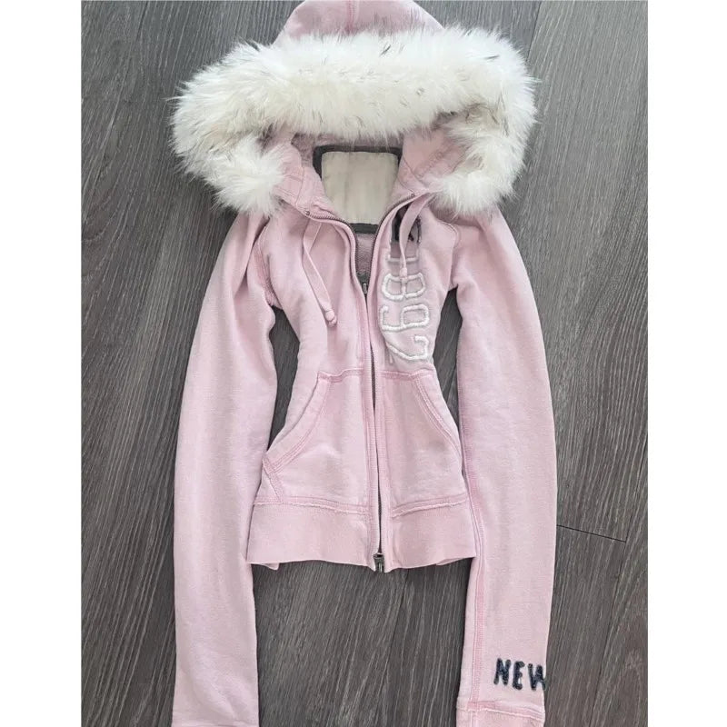 Hoodies Women Clothes 2000s Summer Pink Girly Fix Fox Aesthetic Kawaii Y2k Sweet Zip Up Hoodie Punk Loose Sweatshirt Coat Y2k