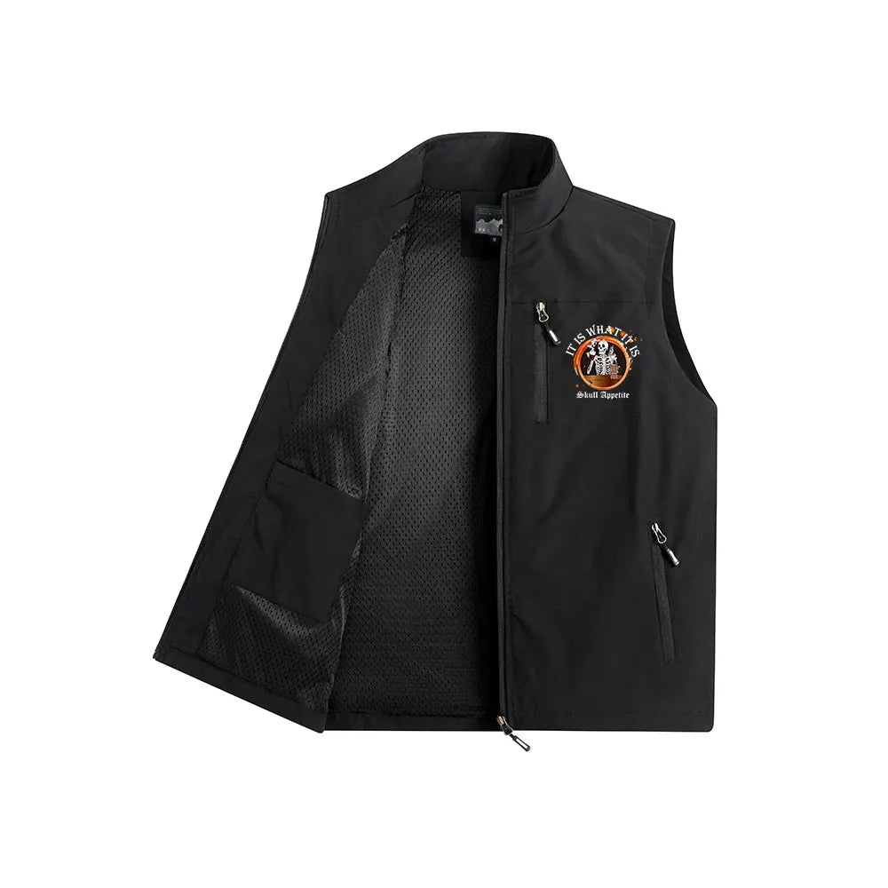 Men’s Vests Jacket Multiple Zipper Pockets Cargo Vest Sleeveless Coat Gothic Print for Halloween Hiking Outwear Windbreaker