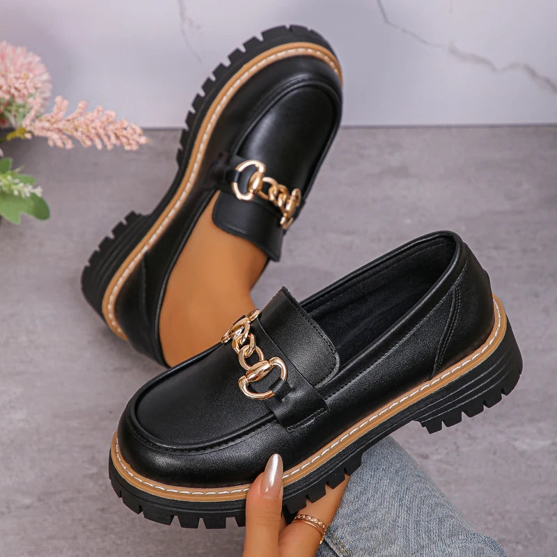 2025 Female Shoes Women Fashion Janes Round Toe Flats Loafers Oxfords Platform Casual Metal Chain Buckle Ladies Heels Black