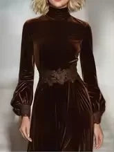 Velvet Dress for Women Vintage Long Sleeves Turtleneck High Waist Fashion Maxi Dress Elegant Lace Hem Party Evening Dresses