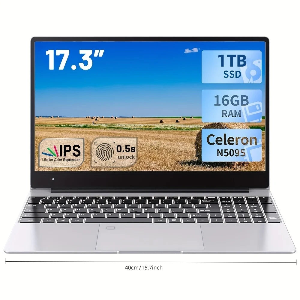2025 New 17.3" Laptop 16GB RAM 512GB 1TB SSD Intel N150 Portable Notebook Lightweight Windows 11PRO