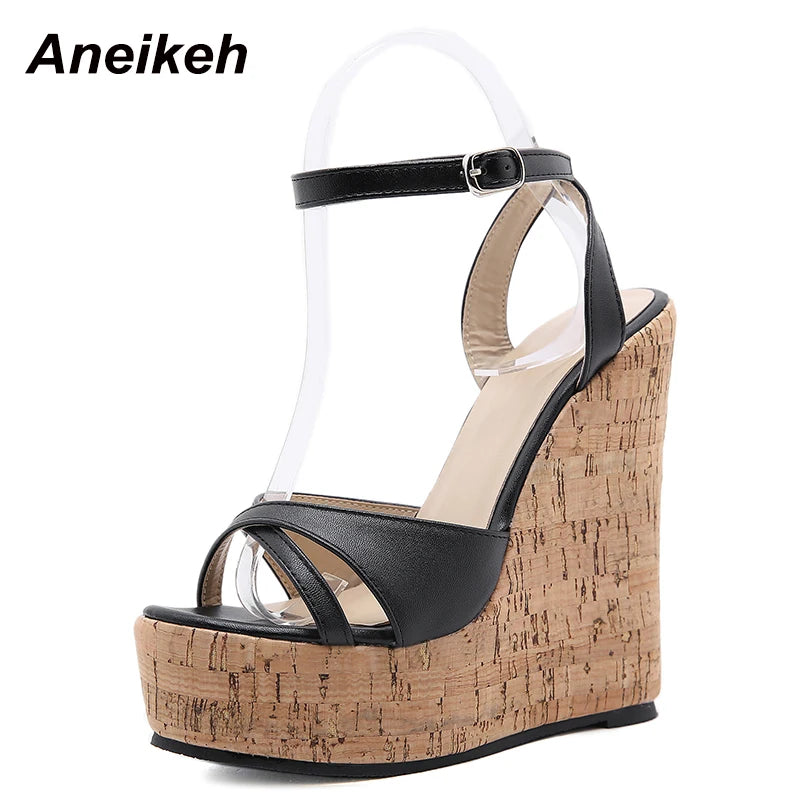 Aneikeh NEW Sexy Shoes for Women 2025 Fashion Platform Sewing Wedges High Heels Patchwork Retro Sandals Summer Femmes Chaussures