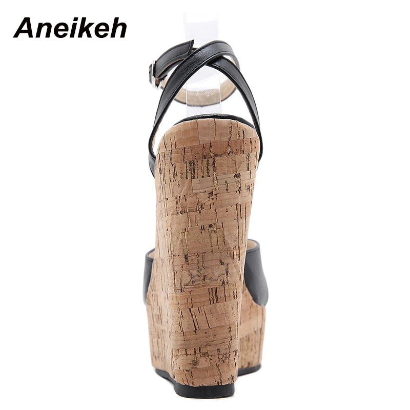 Aneikeh NEW Sexy Shoes for Women 2025 Fashion Platform Sewing Wedges High Heels Patchwork Retro Sandals Summer Femmes Chaussures