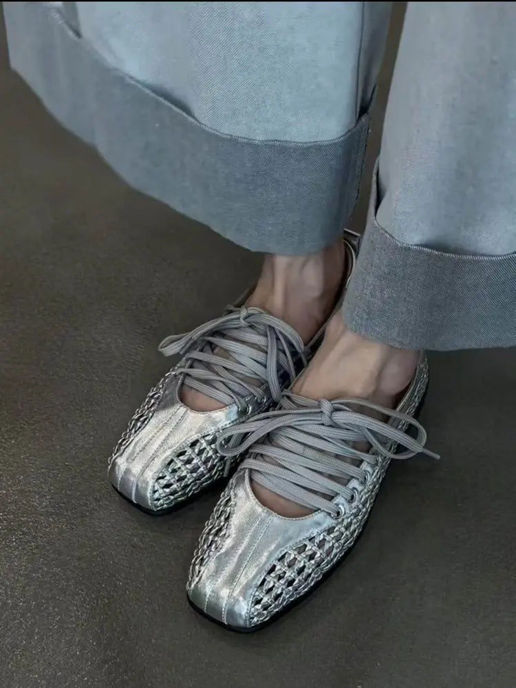 Women's Ballet Shoes Flats Designer Casual Shoes Square Toe Mesh Sport Shoes Lace Up Fashion Sneakers Comfoer Mujer Zapatillas