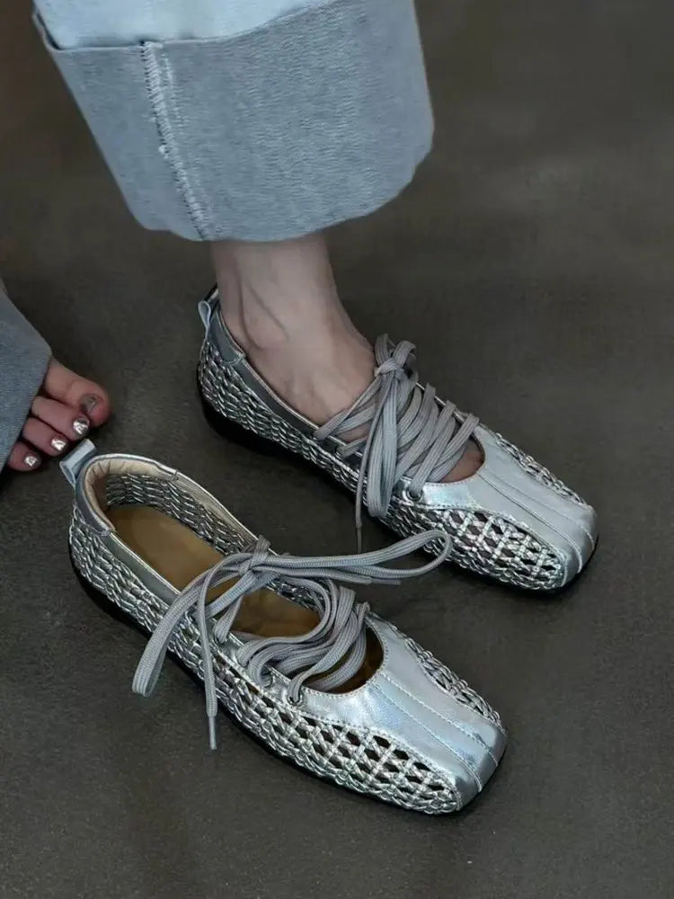 Women's Ballet Shoes Flats Designer Casual Shoes Square Toe Mesh Sport Shoes Lace Up Fashion Sneakers Comfoer Mujer Zapatillas