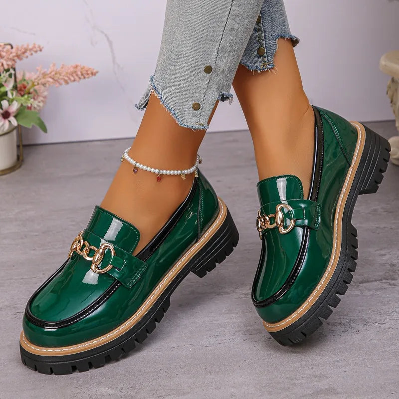 2025 Female Shoes Women Fashion Janes Round Toe Flats Loafers Oxfords Platform Casual Metal Chain Buckle Ladies Heels Black