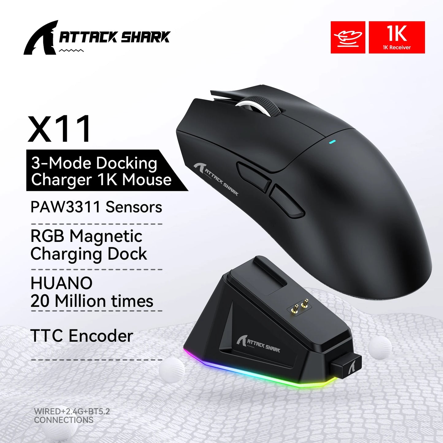 Souris Gaming Attack Shark X11 - Station de Charge RGB