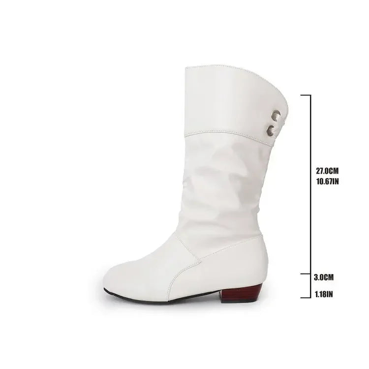 Shoes For Women 2025 Spring Knee High Boots Red Black White Tall Boots Woman Pleated Low Heel Casual Leather Female Long Shoes