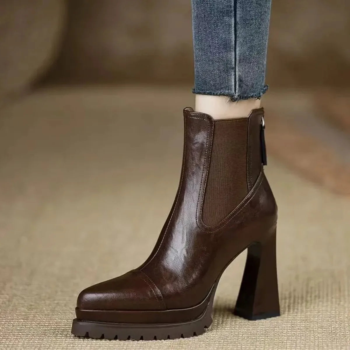 Handmade Women's Shoes, Platform Waterproof High Heels, Chunky Fashionable Trendy Stylish 2026 New Brown Ankle Boots