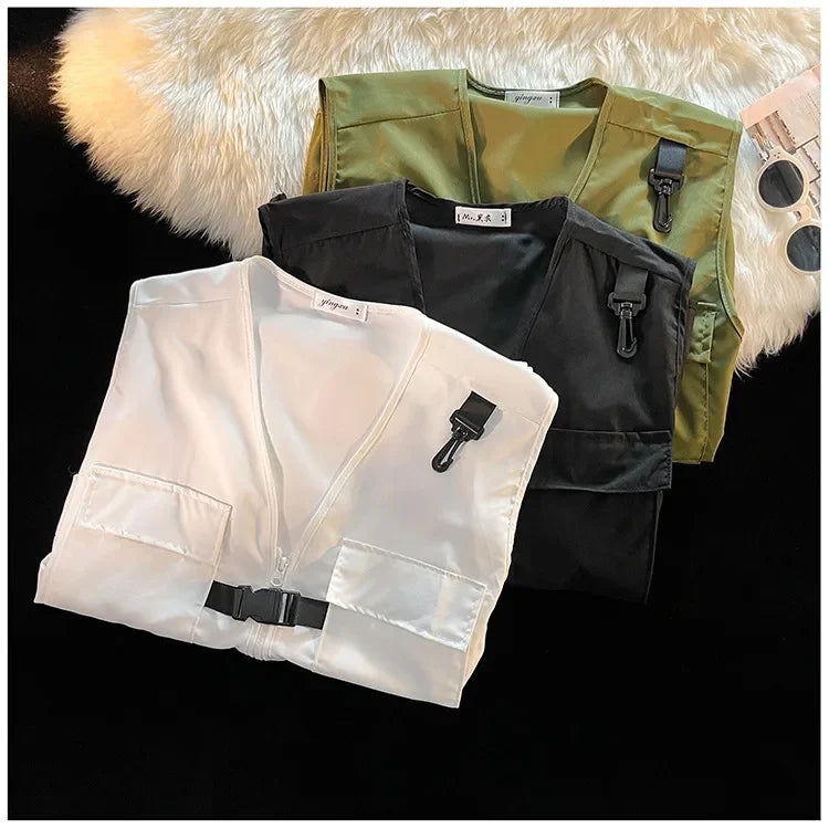 Techwear Vests Women Vintage Spring Autumn Coat Designed Couples All-match Sleeveless Outwear Japanese Harajuku Aesthetic Ins