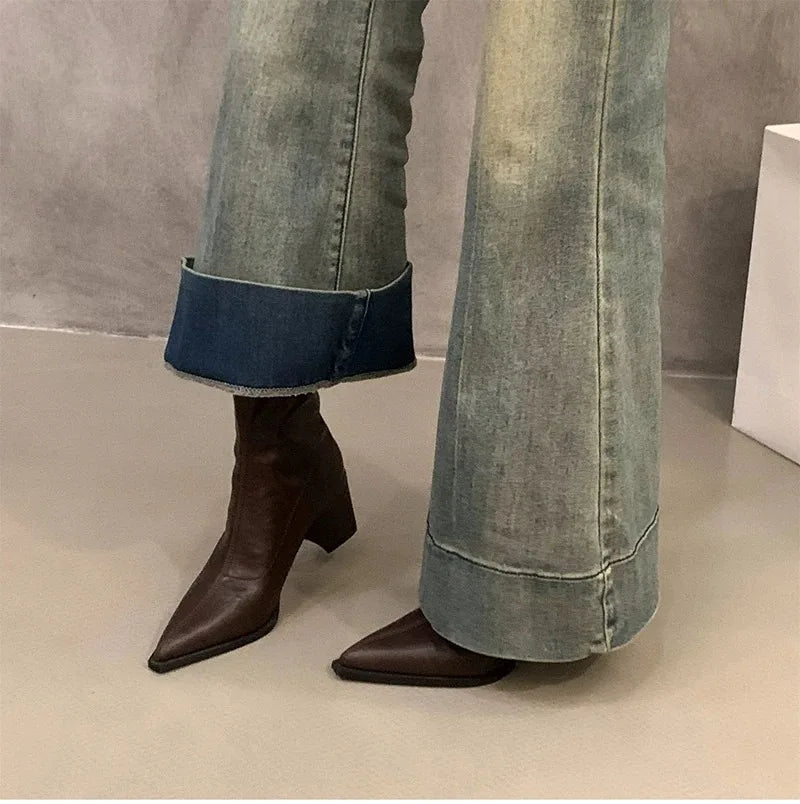 Women Boots Fashion French Style Ankle Boots Designer High Heeled Boots for Woman Exquisite Pointed Tip Casual Shoes Botas Mujer