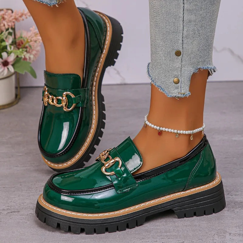 2025 Female Shoes Women Fashion Janes Round Toe Flats Loafers Oxfords Platform Casual Metal Chain Buckle Ladies Heels Black