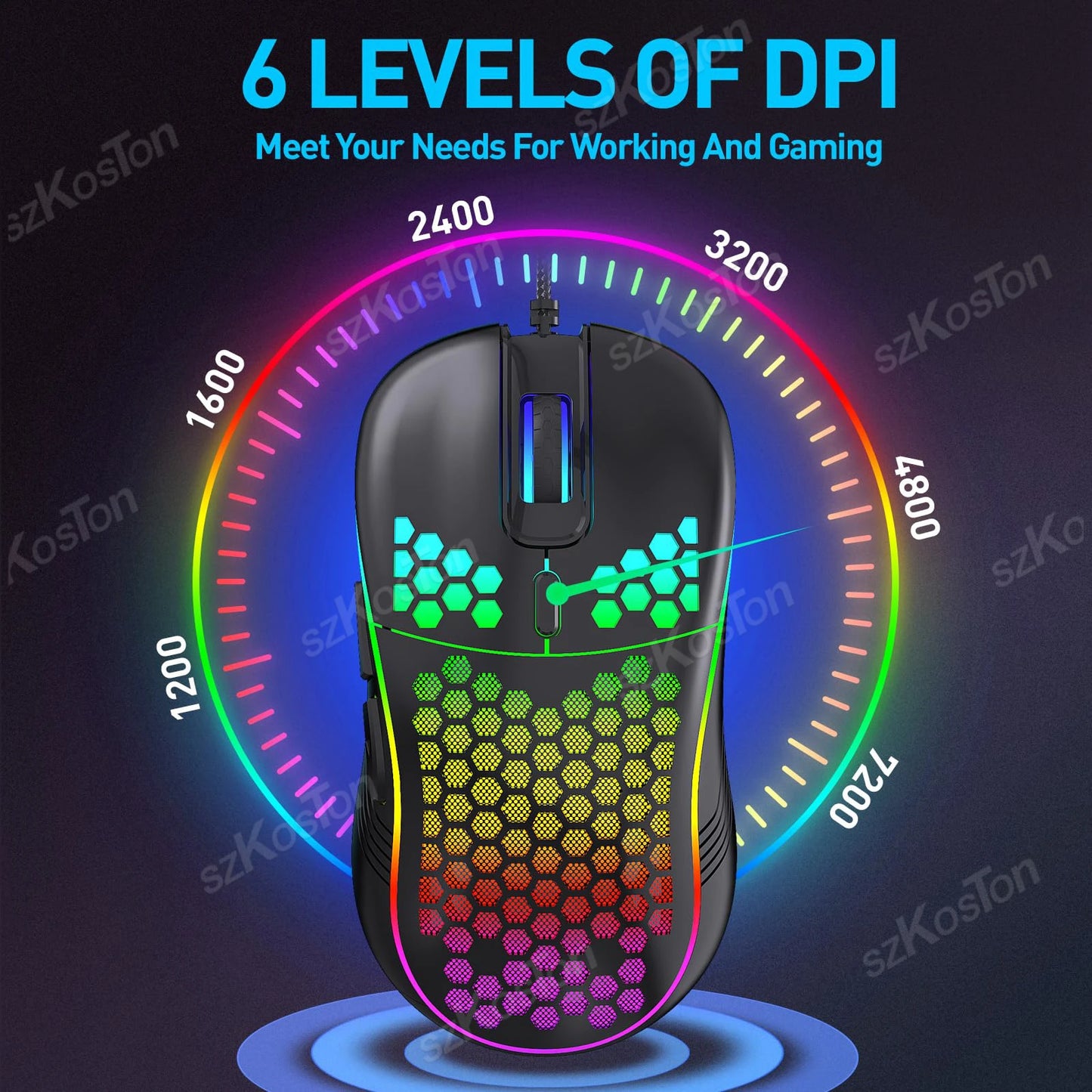 USB Wired Gaming Mouse with RGB Backlight 6 Levels 7200DPI Adjustable Ergonomic Design Mice for Office Laptop PC Computer Gamer
