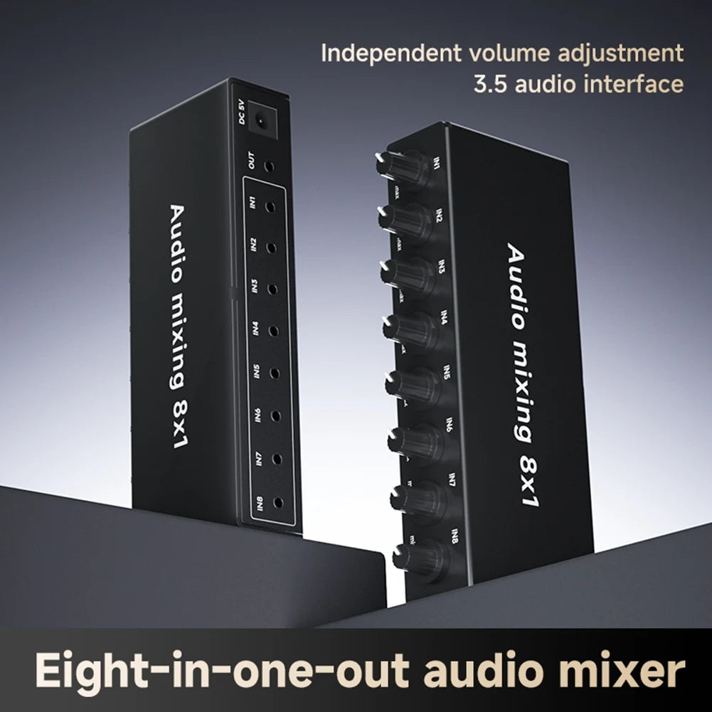 ABGI-AUX Input 8 In 1 Out Audio Mixer With 8 Ports 3.5Mm For Live Broadcasting, Selector Featuring Volume Control