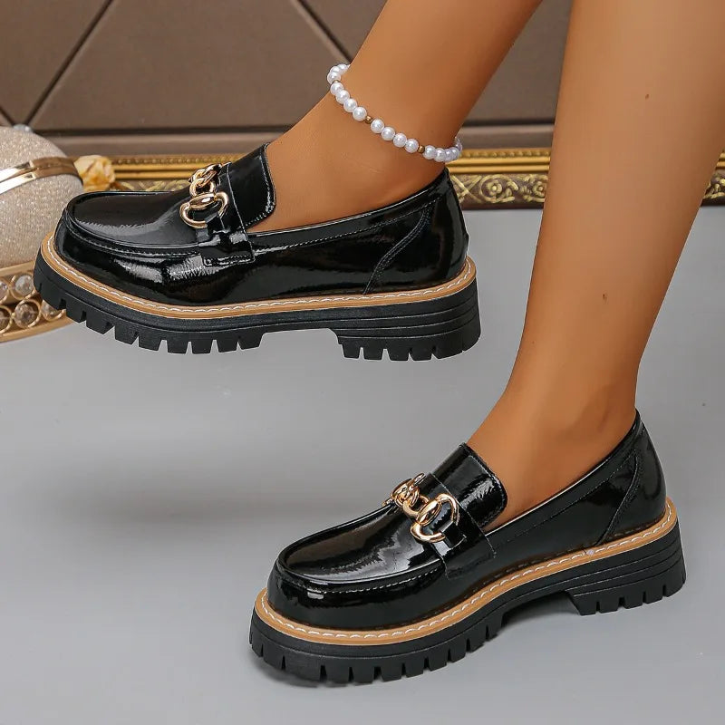 2025 Female Shoes Women Fashion Janes Round Toe Flats Loafers Oxfords Platform Casual Metal Chain Buckle Ladies Heels Black