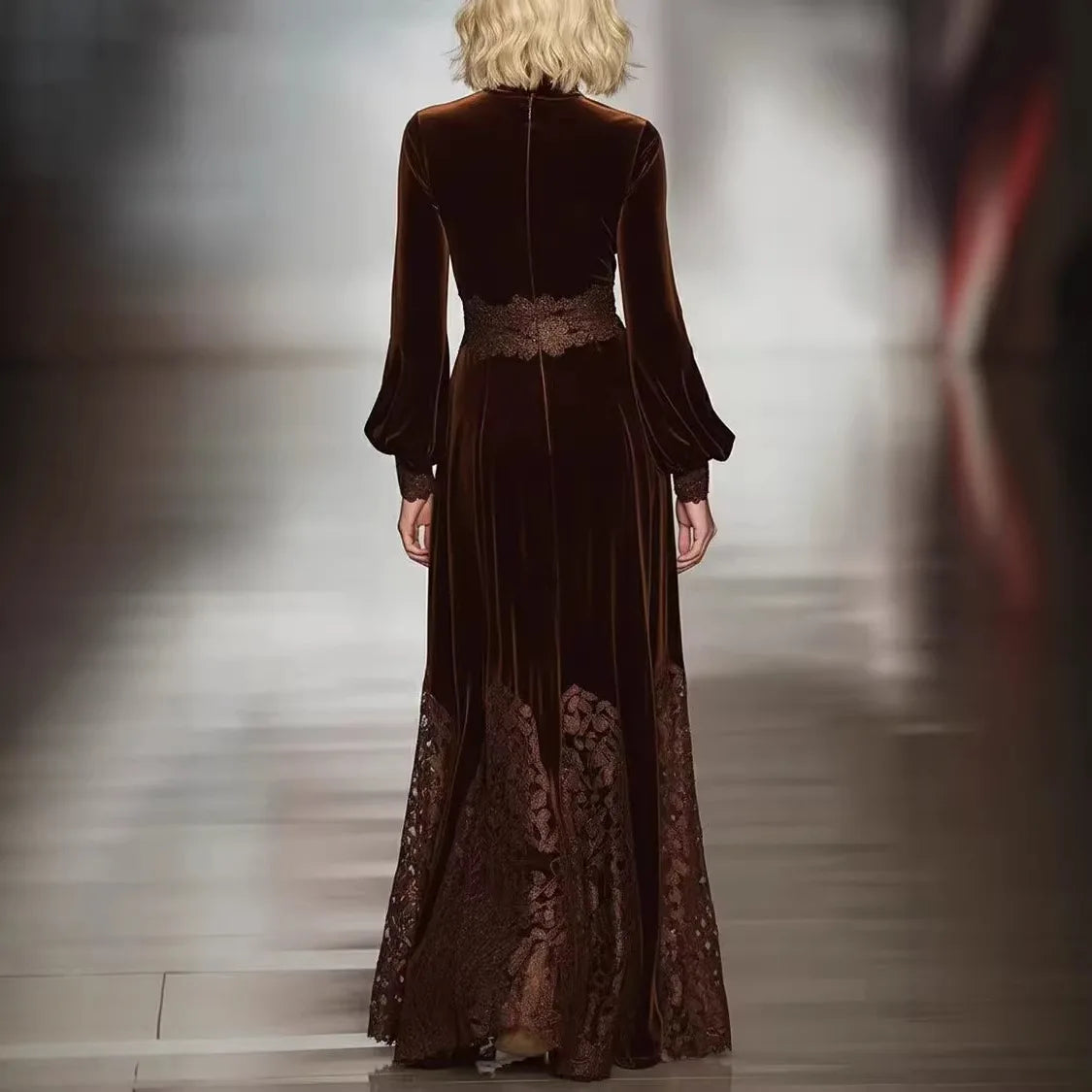Velvet Dress for Women Vintage Long Sleeves Turtleneck High Waist Fashion Maxi Dress Elegant Lace Hem Party Evening Dresses