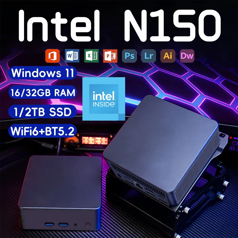 Portable Mini PC Windows 11 Intel N150 Desktop Computer 16GB 32GB RAM 1TB 2TB SSD WIFI6 BT5.2 Ultra Small Pocket PC gamer office