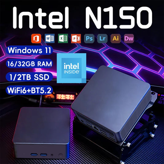 Portable Mini PC Windows 11 Intel N150 Desktop Computer 16GB 32GB RAM 1TB 2TB SSD WIFI6 BT5.2 Ultra Small Pocket PC gamer office