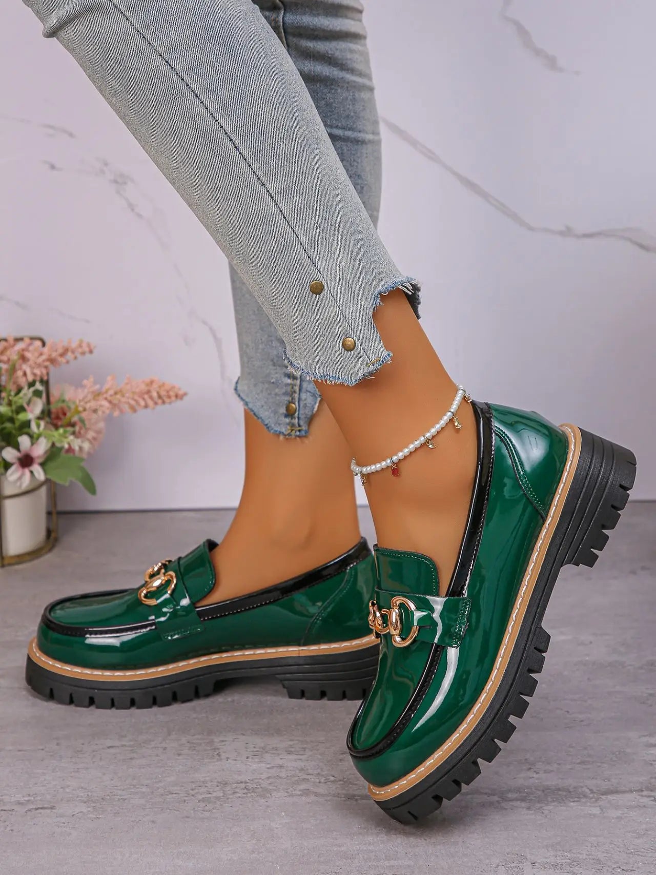 2025 Female Shoes Women Fashion Janes Round Toe Flats Loafers Oxfords Platform Casual Metal Chain Buckle Ladies Heels Black