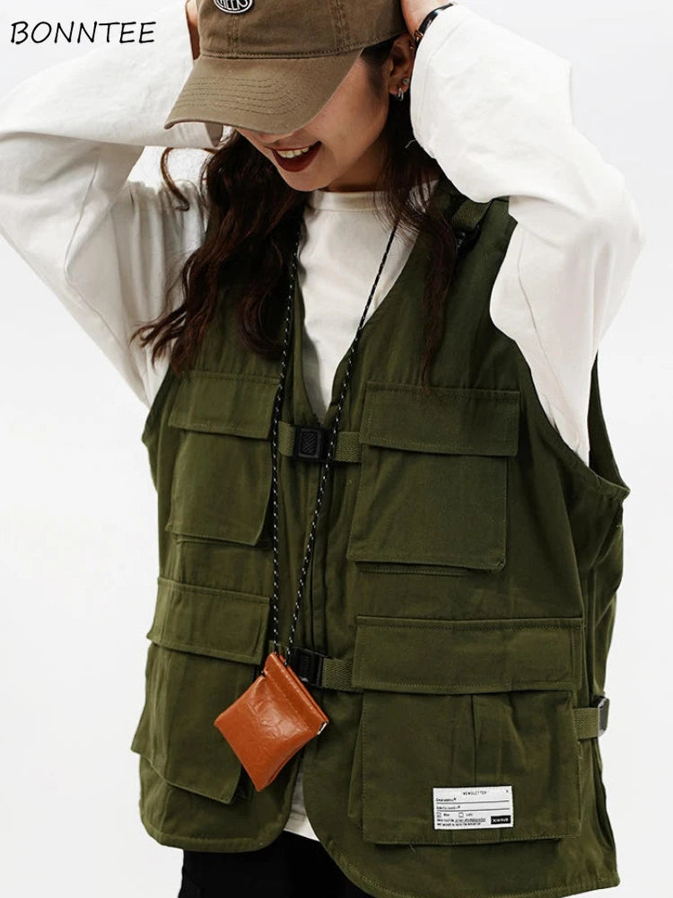 Techwear Vests Women Vintage Spring Autumn Coat Designed Couples All-match Sleeveless Outwear Japanese Harajuku Aesthetic Ins