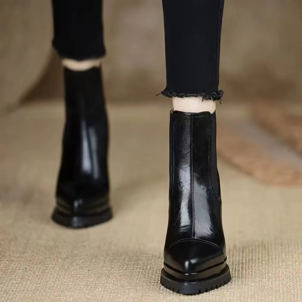 Handmade Women's Shoes, Platform Waterproof High Heels, Chunky Fashionable Trendy Stylish 2026 New Brown Ankle Boots