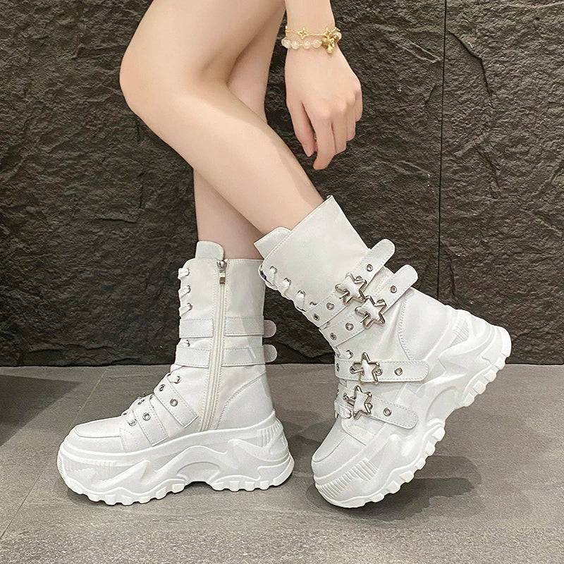 2026 New Women's Shoes Fashion Canvas Platform Mid Calf Boots for Woman Street Style Casual Sneakers Designer Shoes Botas Mujer
