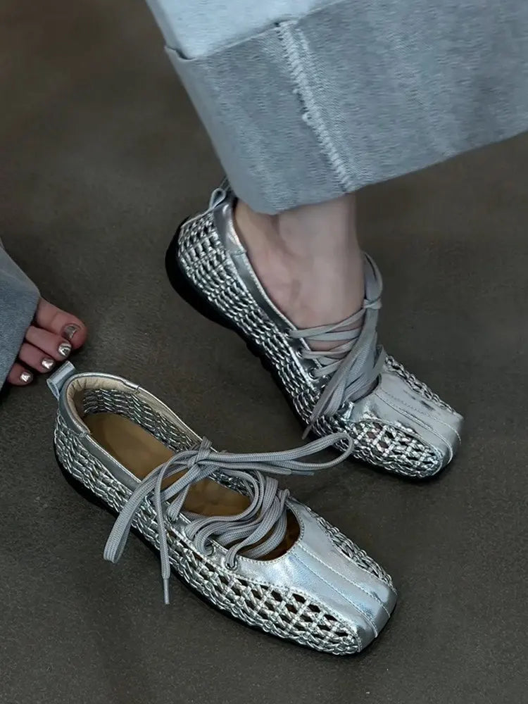 Women's Ballet Shoes Flats Designer Casual Shoes Square Toe Mesh Sport Shoes Lace Up Fashion Sneakers Comfoer Mujer Zapatillas