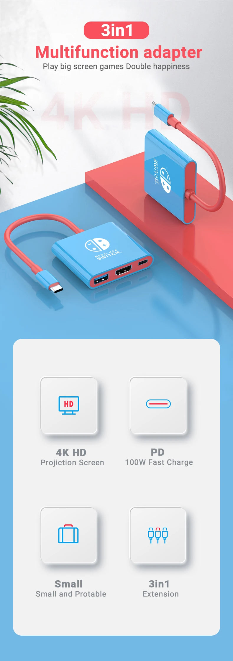 Portable Game Docking Station TYPE-C Hub with HDMI and USB 3.0 Perfect for Travel and Gaming