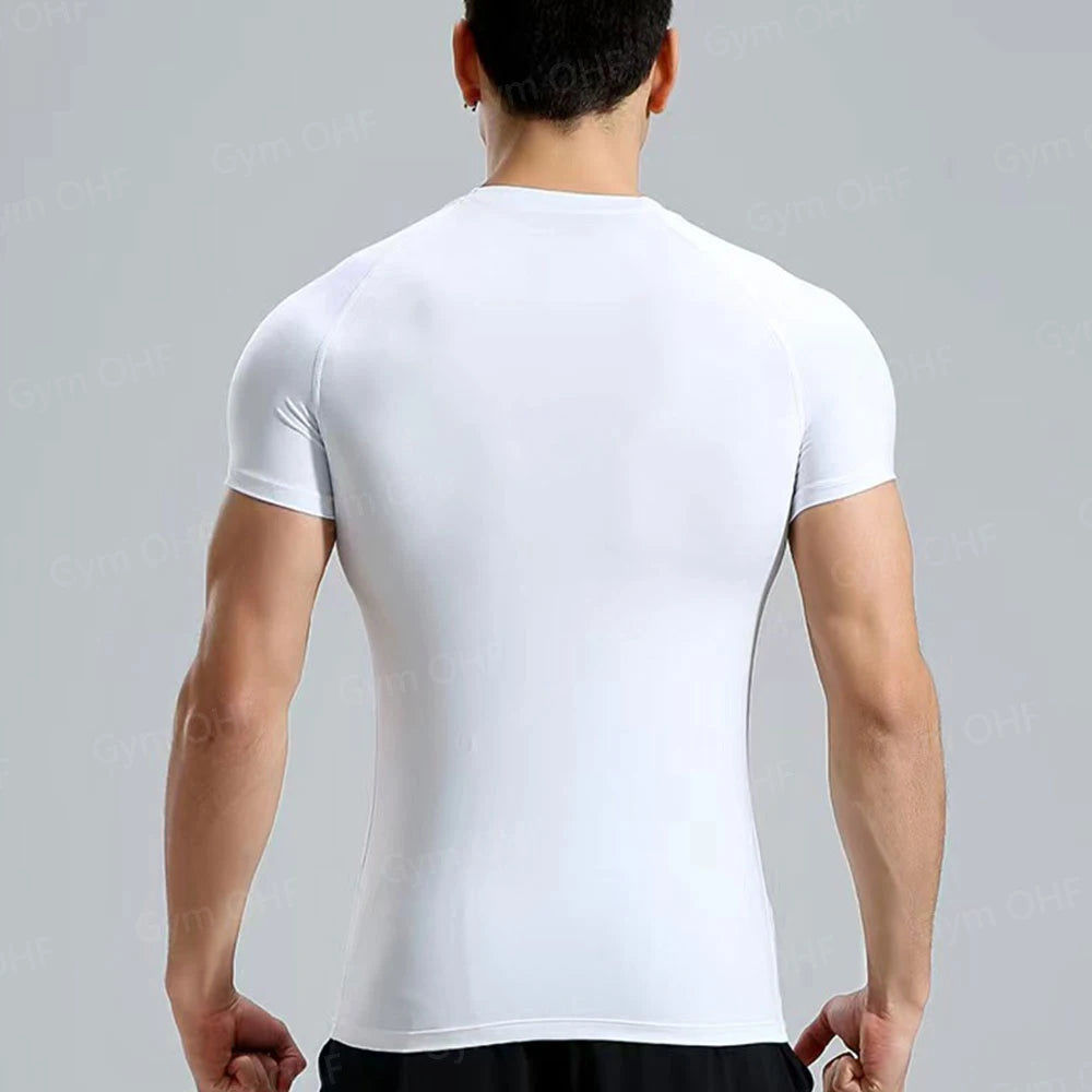 Men's Solid Color Short Sleeved T-shirt Compressed Quick Drying Breathable Training Suit Fitness Jujitsu Rashguard Top Gym Sport