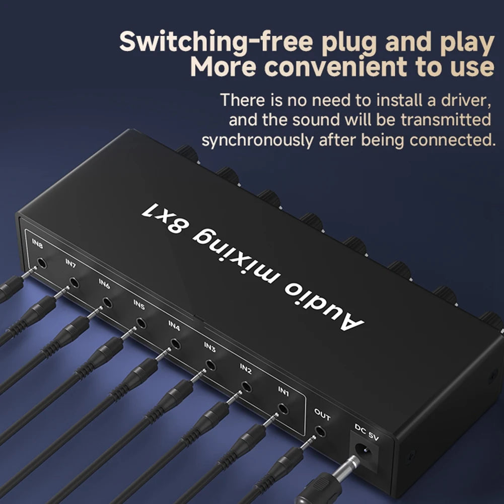ABUO-Selector AUX Input With Volume Control 8 In 1 Out Audio Mixer, 8 Ports 3.5Mm For Live Streaming For Recording