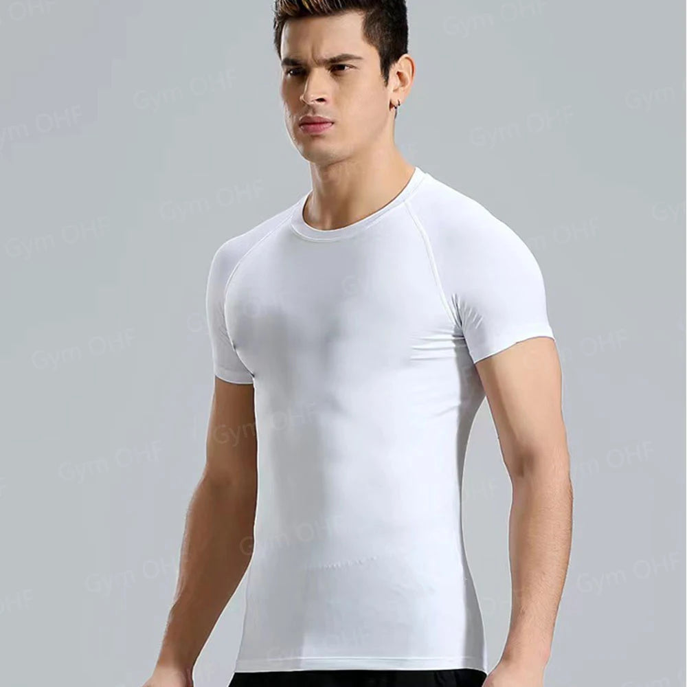 Men's Solid Color Short Sleeved T-shirt Compressed Quick Drying Breathable Training Suit Fitness Jujitsu Rashguard Top Gym Sport