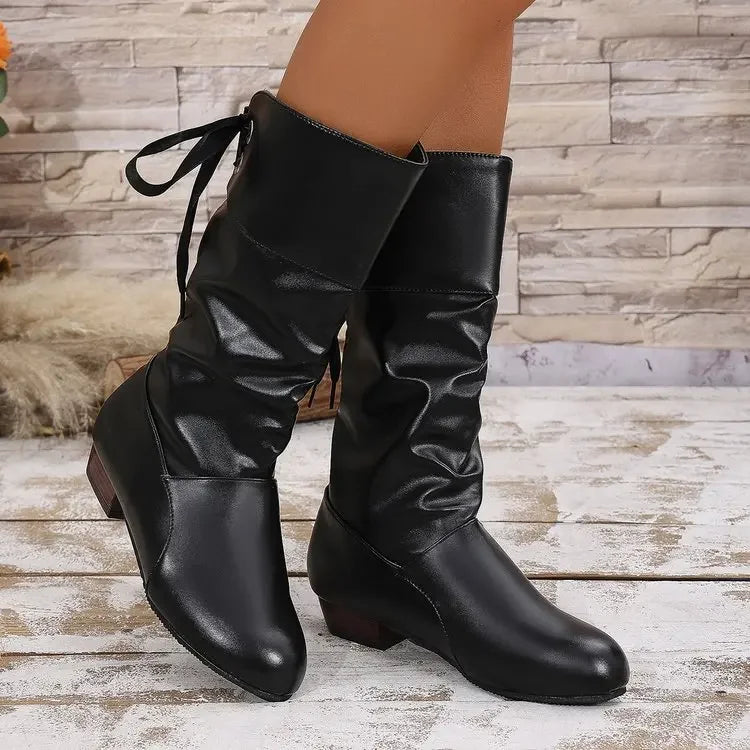 Shoes For Women 2025 Spring Knee High Boots Red Black White Tall Boots Woman Pleated Low Heel Casual Leather Female Long Shoes