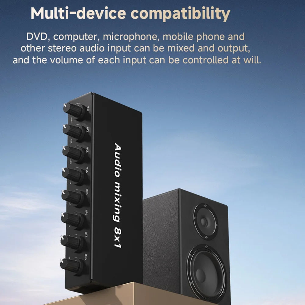 ABGI-AUX Input 8 In 1 Out Audio Mixer With 8 Ports 3.5Mm For Live Broadcasting, Selector Featuring Volume Control