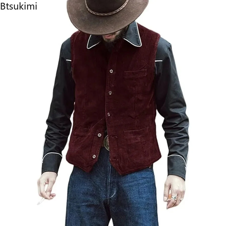 2026 Men's Retro Vest British Style Workwear Corduroy Vestes Casual Coat Single Breasted Sleeveless Jacket for Men Formal Vest