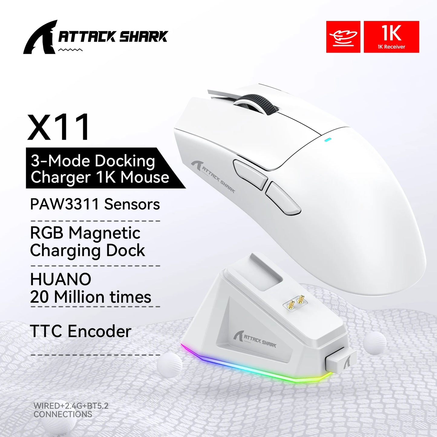 Souris Gaming Attack Shark X11 - Station de Charge RGB
