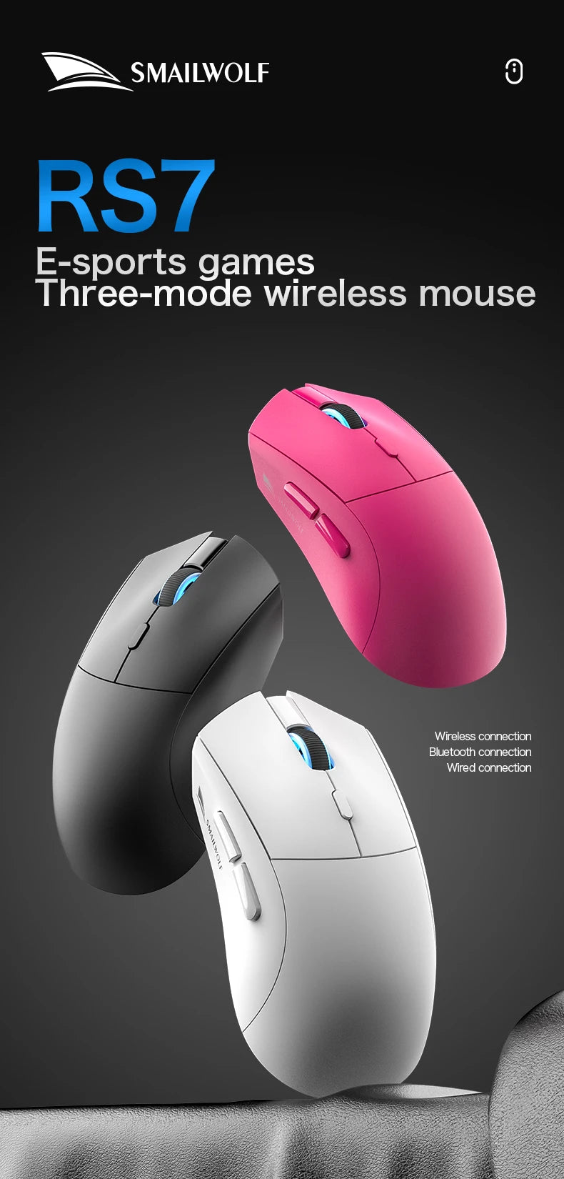 SMAILWOLF RS7 Bluetooth Wireless Mouse Three-Mode Gaming Notebook Desktop Computer Gaming PAW3311 Suitable for Big Hands