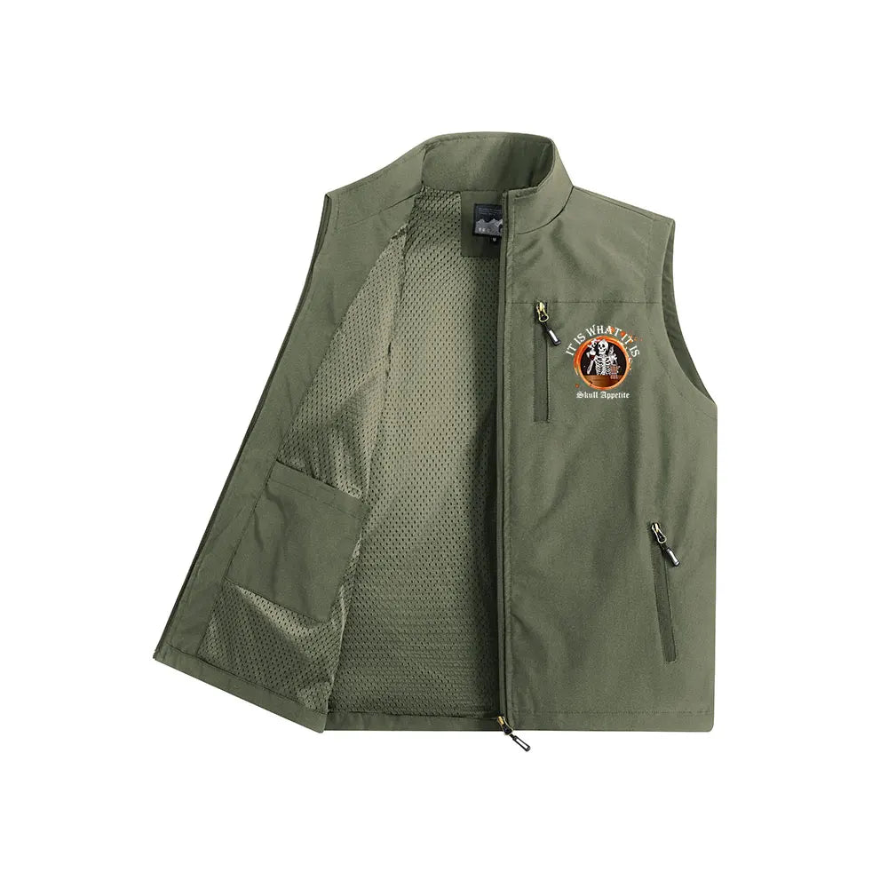 Men’s Vests Jacket Multiple Zipper Pockets Cargo Vest Sleeveless Coat Gothic Print for Halloween Hiking Outwear Windbreaker