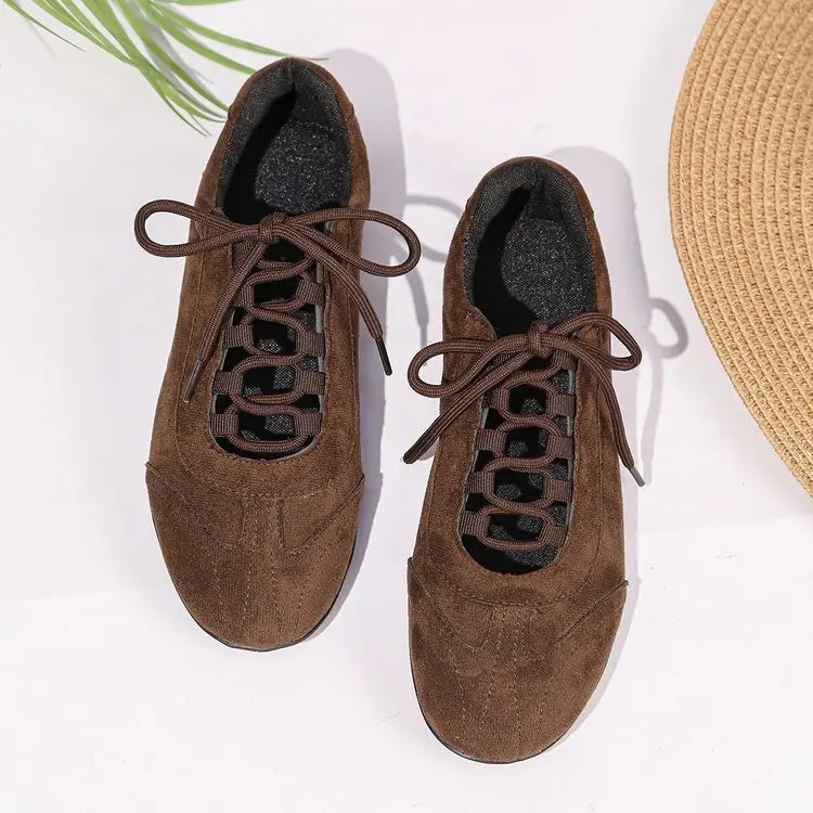 2026 Women Casual Walking Shoes Faux Suede Lace Up Flat Shoes Lightweight Breathable Sneakers Retro Ladies Fashion Trendy New
