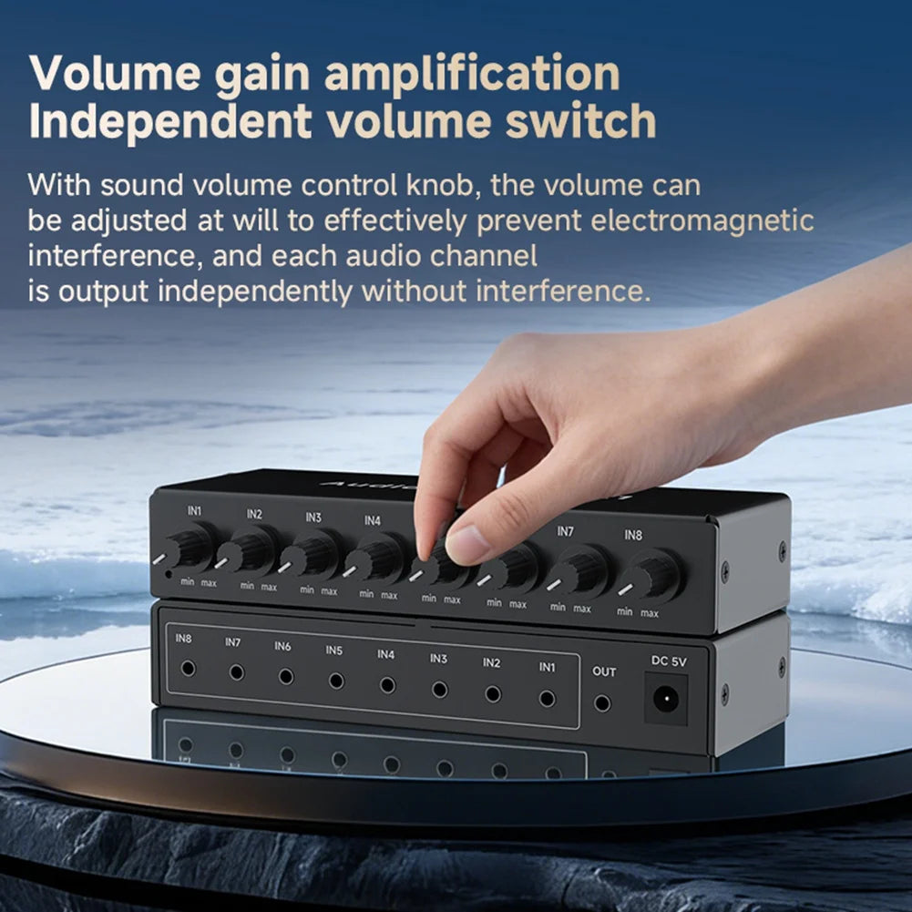 ABGI-AUX Input 8 In 1 Out Audio Mixer With 8 Ports 3.5Mm For Live Broadcasting, Selector Featuring Volume Control