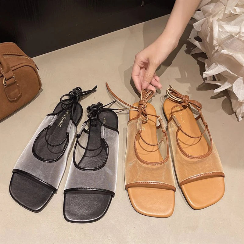 Women's Shoes French Niche Style Roman Breathable Mesh Flat Sandals Women's 2026 Summer New Square Toe Open Toe Strap Slippers