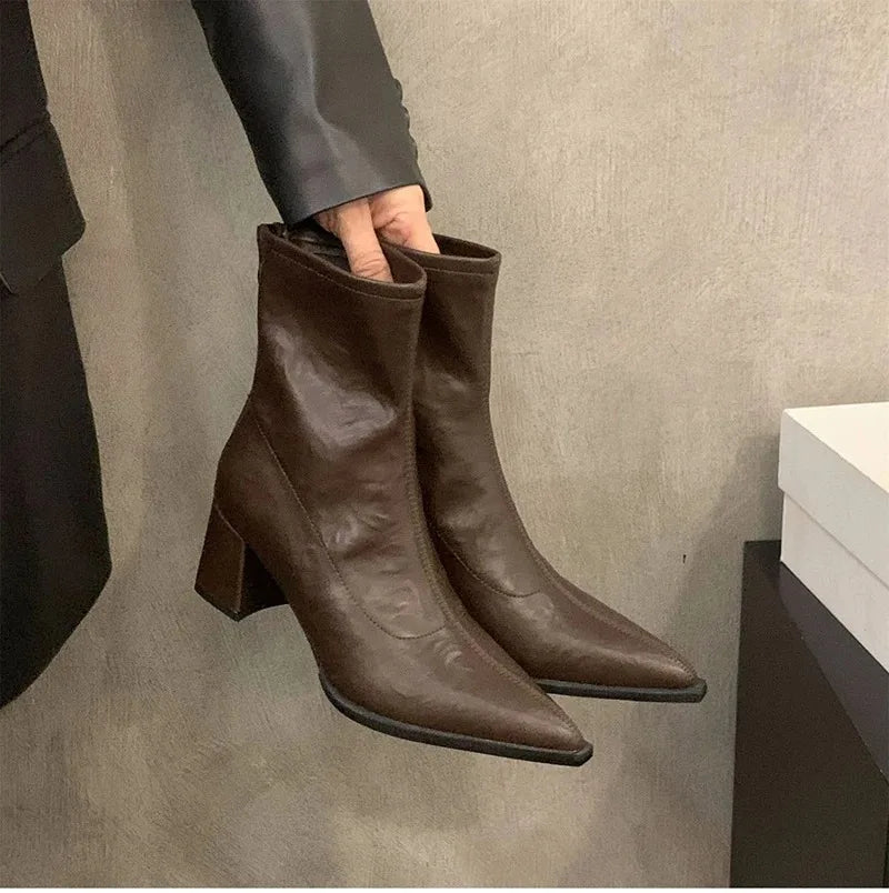 Women Boots Fashion French Style Ankle Boots Designer High Heeled Boots for Woman Exquisite Pointed Tip Casual Shoes Botas Mujer