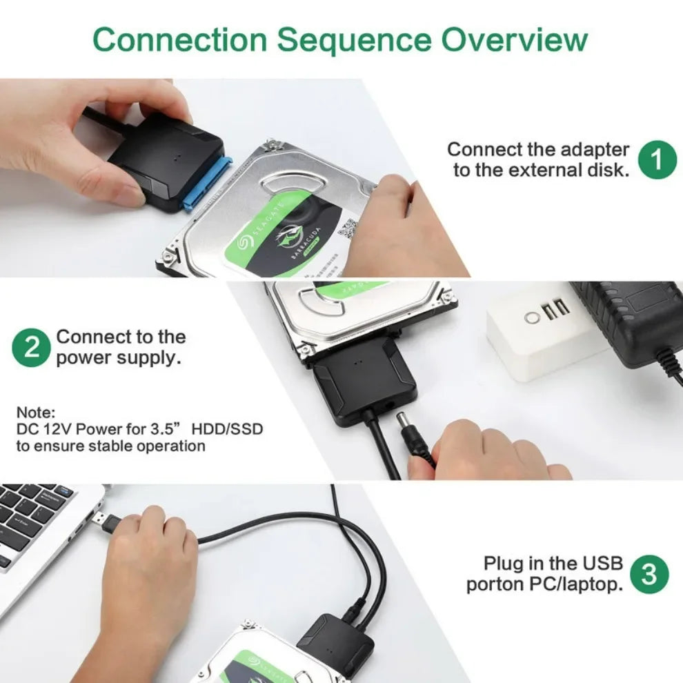Grwibeou SATA To USB 3.0 Adapter External Hard Drive Converter Cable Support 2.5/3.5 Inch External SSD HDD Hard Drive Disk