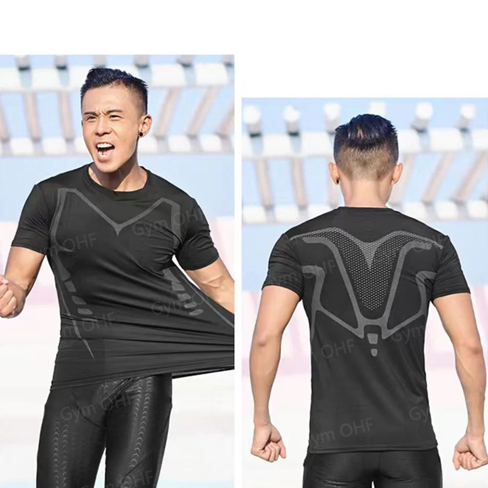 Men's Solid Color Short Sleeved T-shirt Compressed Quick Drying Breathable Training Suit Fitness Jujitsu Rashguard Top Gym Sport