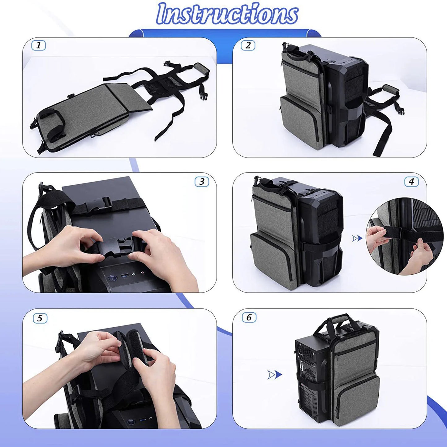 PC Tower Carrying Strap with Handle Desktop Carrying Case with Pockets for Keyboard Cable Computer Accessories Polyester
