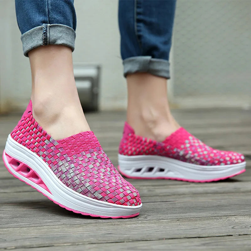 Zapatos De Mujer Sneakers Women's Mixed Color Woven Wedge Rocking Shoes Lightweight Non-slip Breathable Loafers Chaussure Femmes