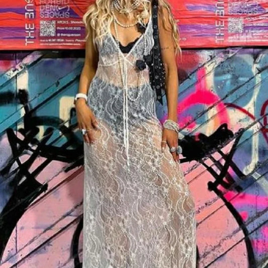 New Sexy Vest Deep V-mesh See Through Dress