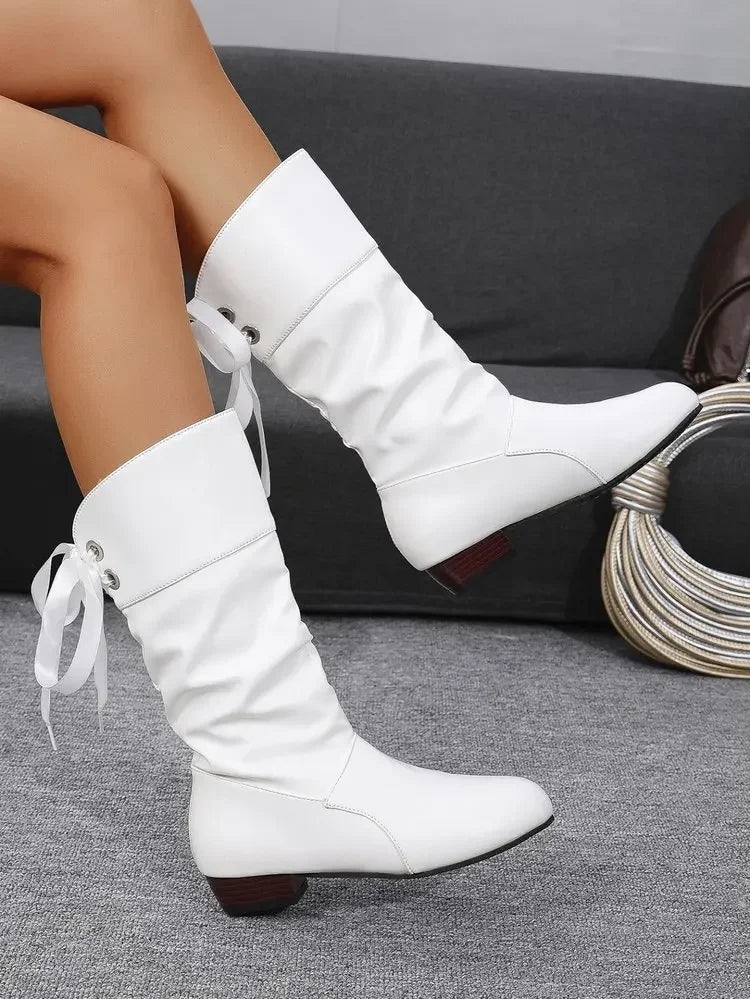 Shoes For Women 2025 Spring Knee High Boots Red Black White Tall Boots Woman Pleated Low Heel Casual Leather Female Long Shoes